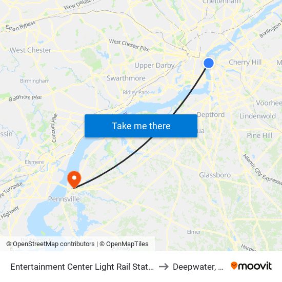 Entertainment Center Light Rail Station to Deepwater, NJ map