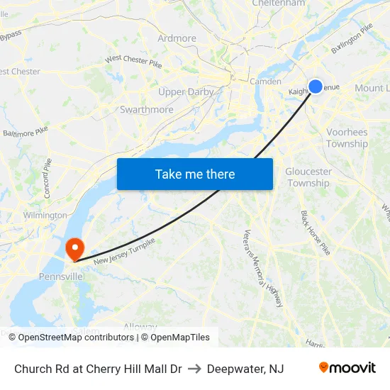 Church Rd at Cherry Hill Mall Dr to Deepwater, NJ map