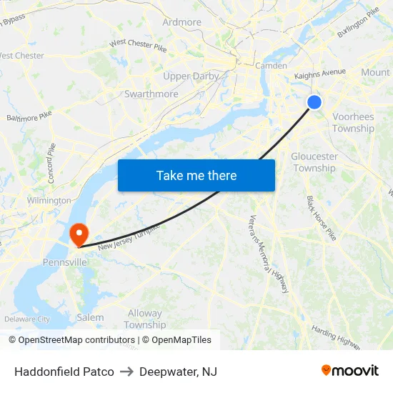 Haddonfield Patco to Deepwater, NJ map