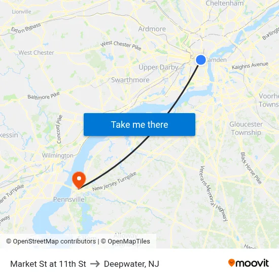 Market St at 11th St to Deepwater, NJ map