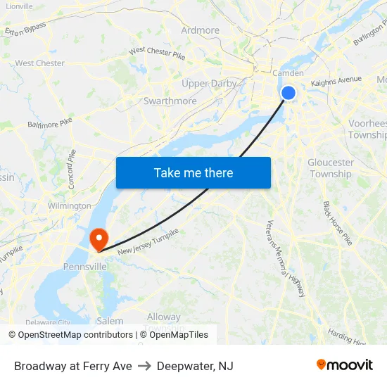 Broadway at Ferry Ave to Deepwater, NJ map