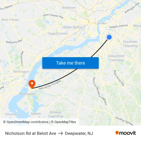 Nicholson Rd at Beloit Ave to Deepwater, NJ map