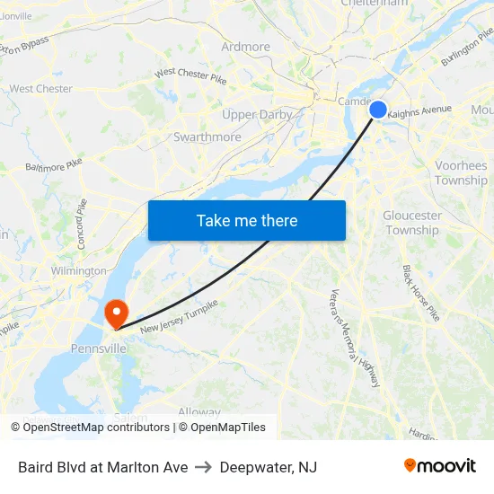 Baird Blvd at Marlton Ave to Deepwater, NJ map