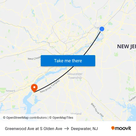 Greenwood Ave at S Olden Ave to Deepwater, NJ map