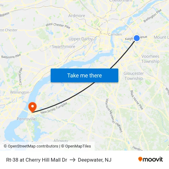 Rt-38 at Cherry Hill Mall Dr to Deepwater, NJ map