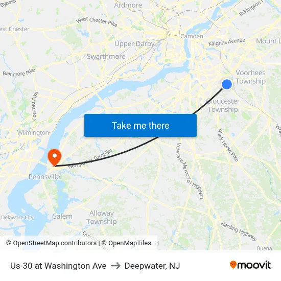 Us-30 at Washington Ave to Deepwater, NJ map