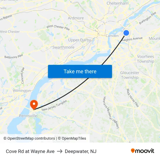 Cove Rd at Wayne Ave to Deepwater, NJ map