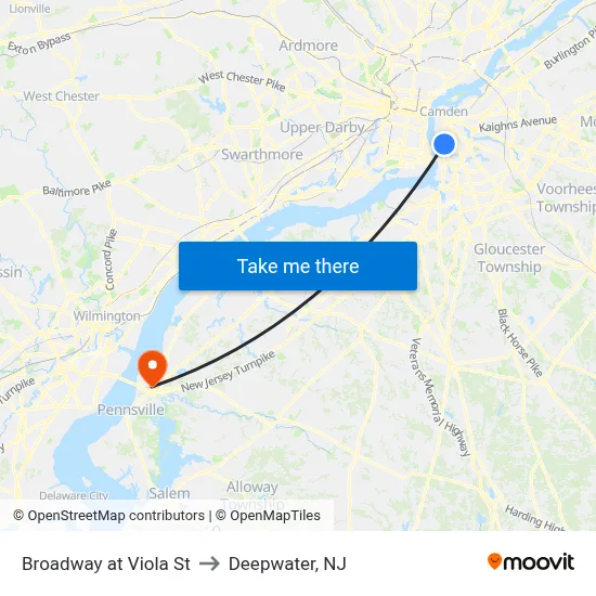 Broadway at Viola St to Deepwater, NJ map