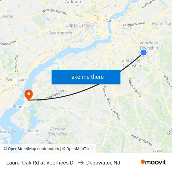 Laurel Oak Rd at Voorhees Dr to Deepwater, NJ map