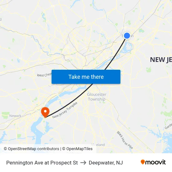 Pennington Ave at Prospect St to Deepwater, NJ map