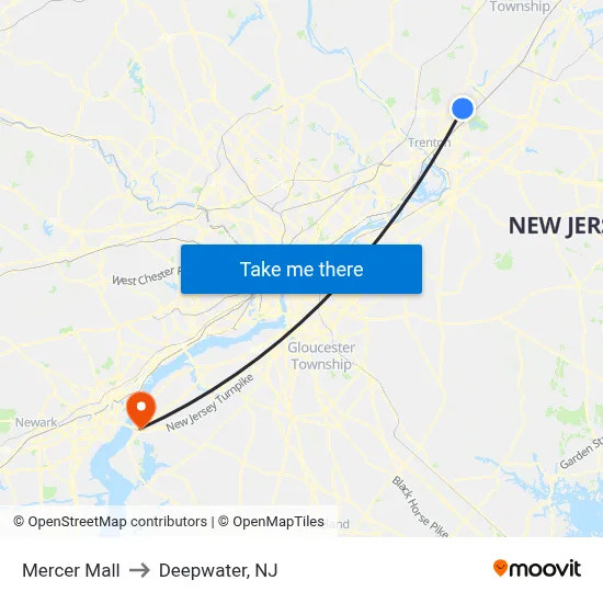 Mercer Mall to Deepwater, NJ map