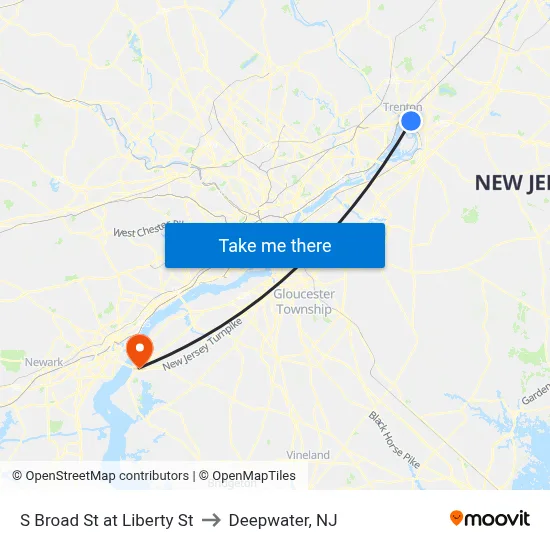 S Broad St at Liberty St to Deepwater, NJ map