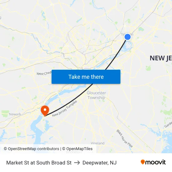 Market St at South Broad St to Deepwater, NJ map