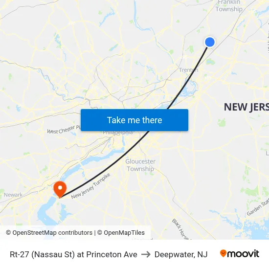 Rt-27 (Nassau St) at Princeton Ave to Deepwater, NJ map