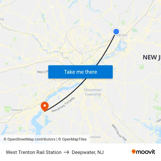 West Trenton Rail Station to Deepwater, NJ map