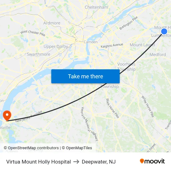 Virtua Mount Holly Hospital to Deepwater, NJ map