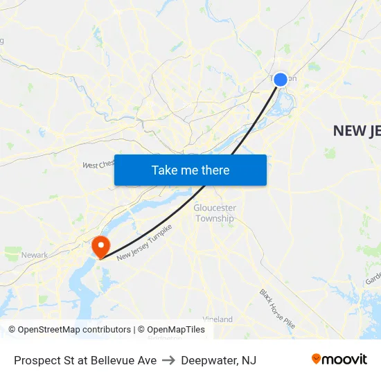 Prospect St at Bellevue Ave to Deepwater, NJ map