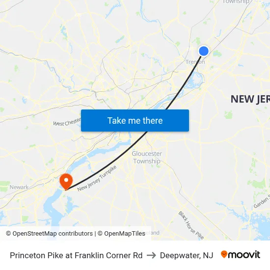 Princeton Pike at Franklin Corner Rd to Deepwater, NJ map