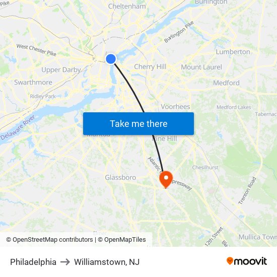 Philadelphia to Williamstown, NJ map