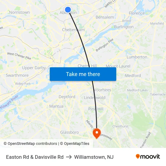 Easton Rd & Davisville Rd to Williamstown, NJ map