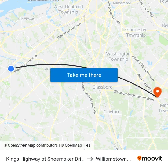 Kings Highway at Shoemaker Drive to Williamstown, NJ map