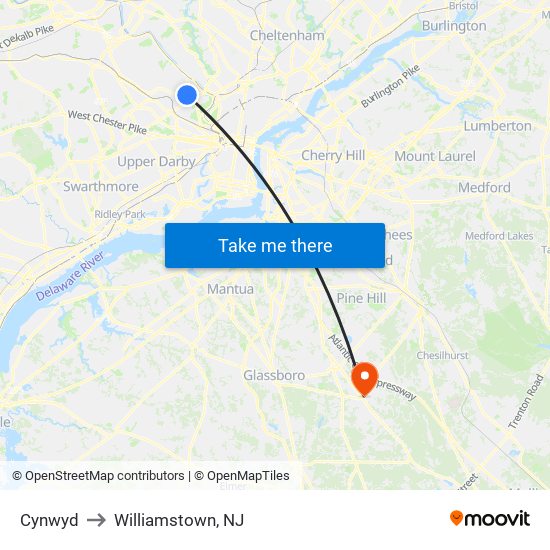 Cynwyd to Williamstown, NJ map