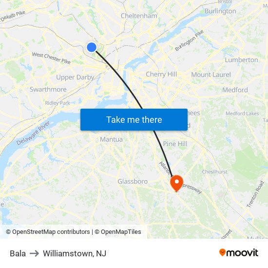 Bala to Williamstown, NJ map