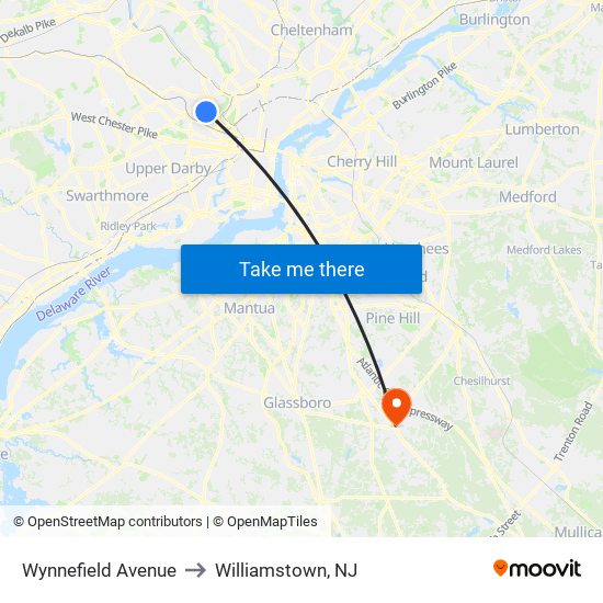 Wynnefield Avenue to Williamstown, NJ map