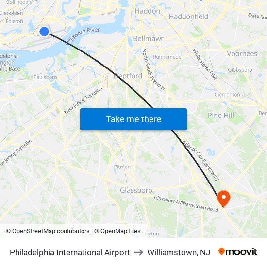 Philadelphia International Airport to Williamstown, NJ map
