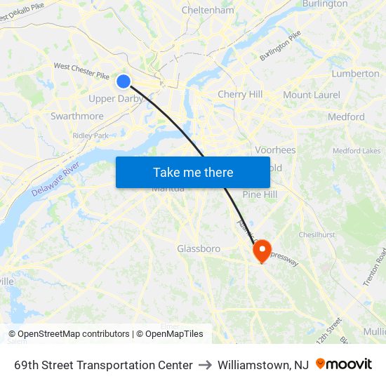 69th Street Transportation Center to Williamstown, NJ map