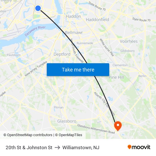 20th St & Johnston St to Williamstown, NJ map