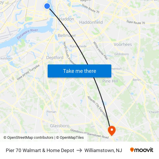 Pier 70 Walmart & Home Depot to Williamstown, NJ map