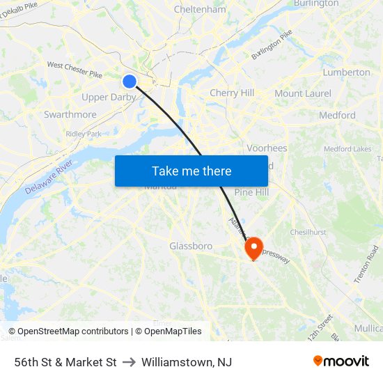 56th St & Market St to Williamstown, NJ map