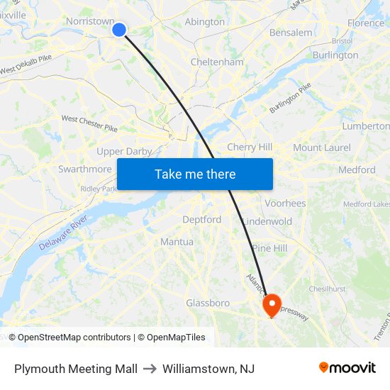 Plymouth Meeting Mall to Williamstown, NJ map