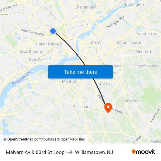 Malvern Av & 63rd St Loop to Williamstown, NJ map