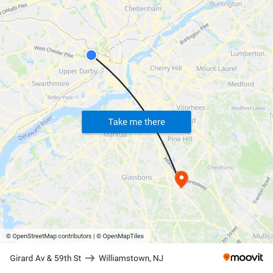 Girard Av & 59th St to Williamstown, NJ map