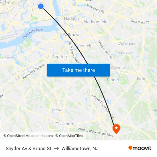Snyder Av & Broad St to Williamstown, NJ map