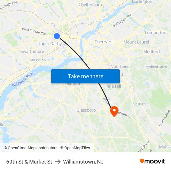 60th St & Market St to Williamstown, NJ map