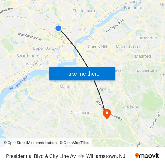 Presidential Blvd & City Line Av to Williamstown, NJ map