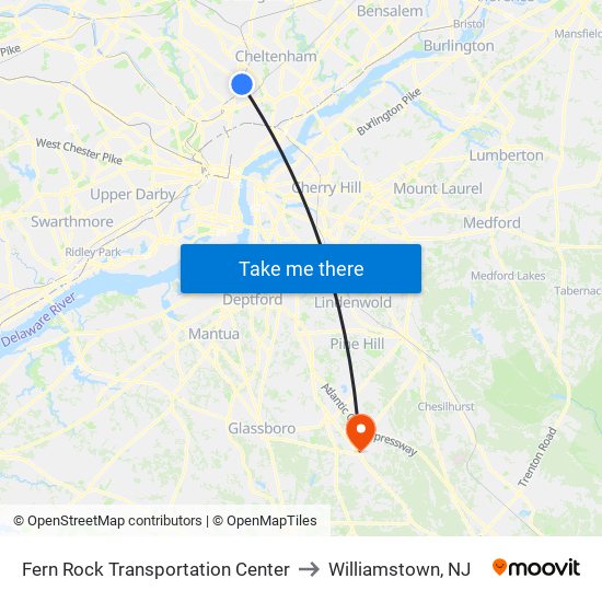 Fern Rock Transportation Center to Williamstown, NJ map