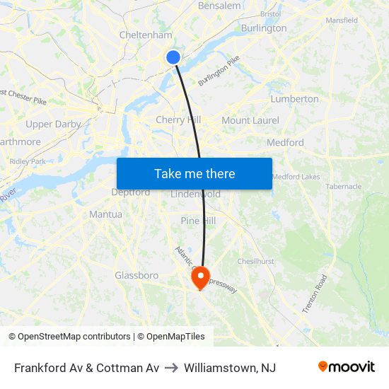 Frankford Av & Cottman Av to Williamstown, NJ map