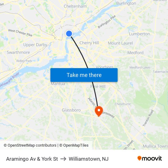 Aramingo Av & York St to Williamstown, NJ map