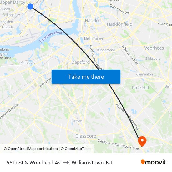 65th St & Woodland Av to Williamstown, NJ map