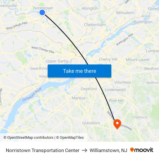 Norristown Transportation Center to Williamstown, NJ map