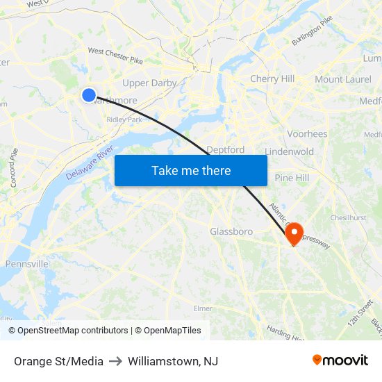 Orange St/Media to Williamstown, NJ map