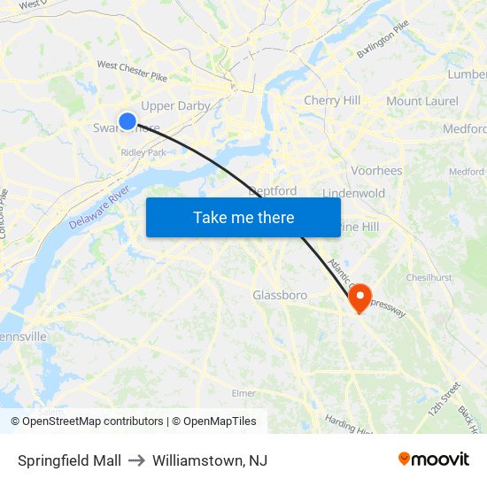 Springfield Mall to Williamstown, NJ map