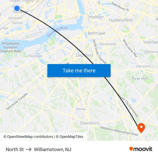 North St to Williamstown, NJ map