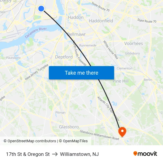 17th St & Oregon St to Williamstown, NJ map