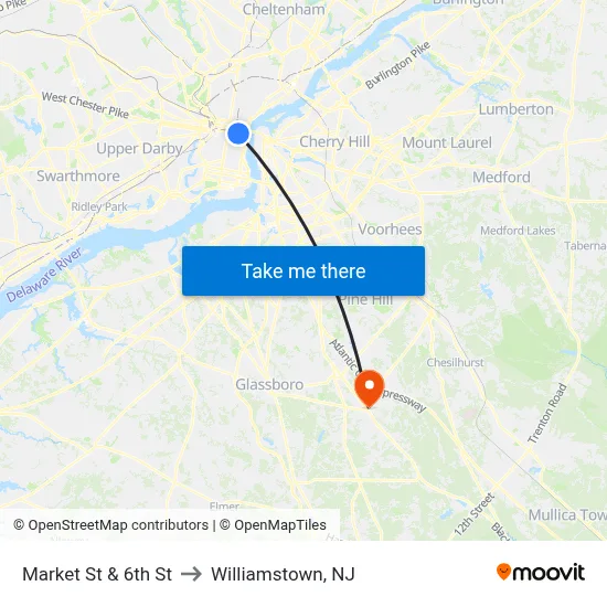 Market St & 6th St to Williamstown, NJ map