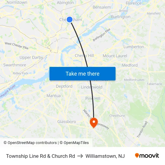 Township Line Rd & Church Rd to Williamstown, NJ map